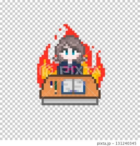 ドット絵の机で勉強する女子学生：セーラー服 131240345