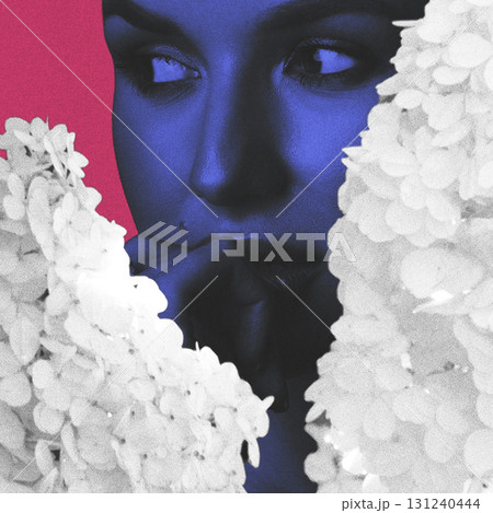 Blue woman face and white flower blossoms collage Blue woman face and white flower blossoms collage 131240444
