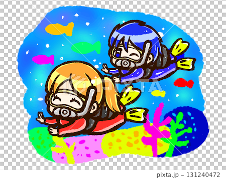 Chibi character illustration of a man and woman scuba diving in the ocean Chibi character illustration of a man and woman scuba diving in the ocean 131240472