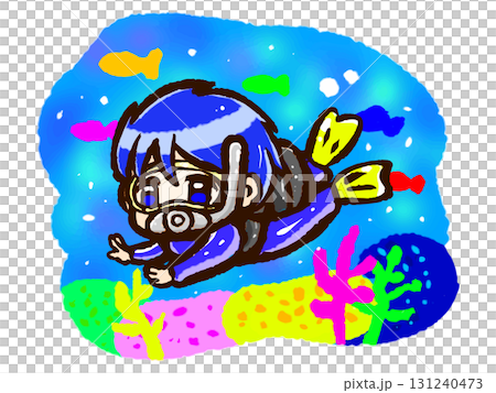 Chibi character illustration of a man scuba diving in the ocean 131240473