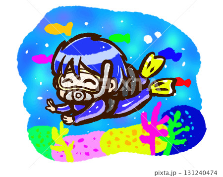 海でスキューバダイビングする男性のちびキャライラスト素材2 131240474