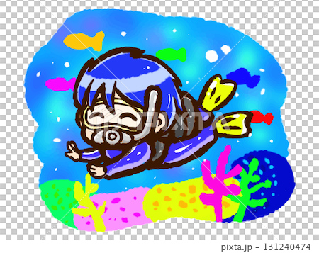海でスキューバダイビングする男性のちびキャライラスト素材2 131240474