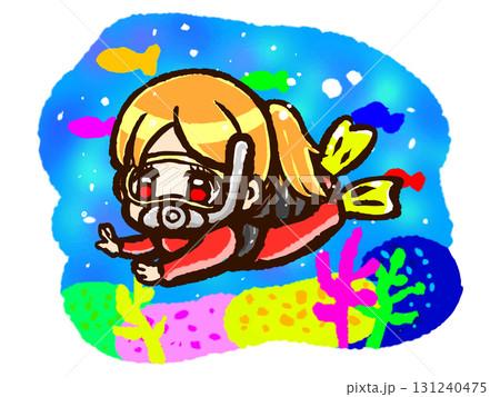 海でスキューバダイビングする女性のちびキャライラスト素材 131240475