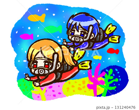 海でスキューバダイビングする男女のちびキャライラスト素材2 131240476