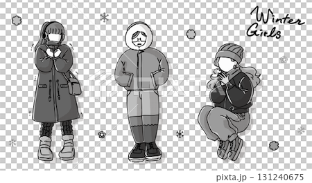 シンプルかわいい冬服女子たちのイラスト素材 モノクロ 131240675