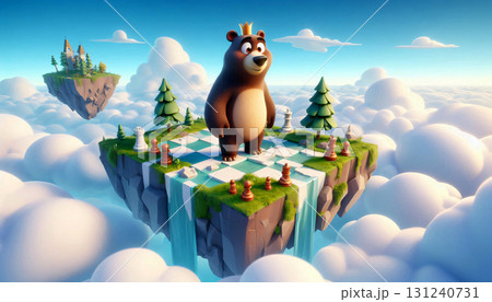 A bear standing on a chessboard island floating in the sky. 131240731