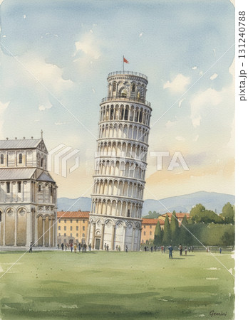 イタリアの世界遺産 ピサの斜塔の美しい水彩画イラスト 131240788