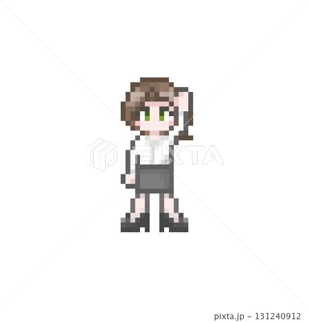 ドット絵の手を上げるスーツ姿の女性会社員:クールビズ ドット絵の手を上げるスーツ姿の女性会社員:クールビズ 131240912