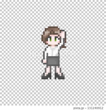 ドット絵の手を上げるスーツ姿の女性会社員:クールビズ ドット絵の手を上げるスーツ姿の女性会社員:クールビズ 131240912
