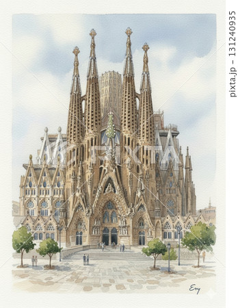 スペインを象徴する世界遺産 サグラダファミリアの美しい水彩画　昼の景色 131240935