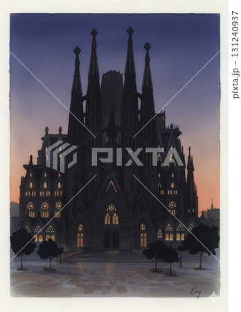 スペインを象徴する世界遺産 サグラダファミリアの美しい水彩画 夜明けの景色 スペインを象徴する世界遺産 サグラダファミリアの美しい水彩画 夜明けの景色 131240937