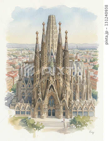 スペインを象徴する世界遺産 サグラダファミリアの美しい水彩画　昼間の景色 131240938
