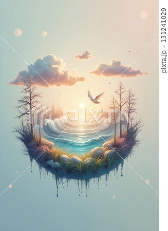 Floating island with ocean waves and bright sunrise 131241029