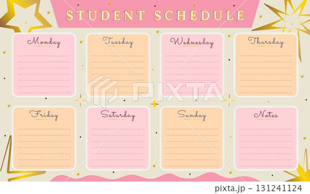 Vector student schedule template in pink, gold and orange colors. Timetable for learners, elegant luxury design, premium weekly lesson planner Vector student schedule template in pink, gold and orange colors. Timetable for learners, elegant luxury design, premium weekly lesson planner 131241124