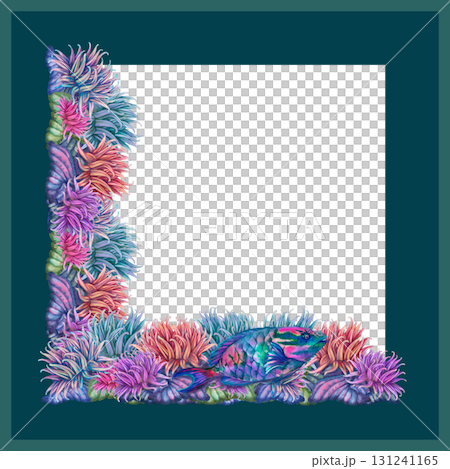Watercolor square frame with a rainbow tropical parrotfish among vibrant corals, sea anemones, white background. Template for sea designs, cards, stickers, scrapbooking, textiles, diving, snorkeling Watercolor square frame with a rainbow tropical parrotfish among vibrant corals, sea anemones, white background. Template for sea designs, cards, stickers, scrapbooking, textiles, diving, snorkeling 131241165