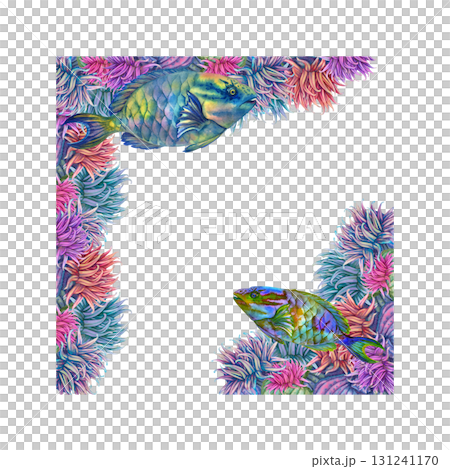 Corner frame with a rainbow tropical parrotfish among vibrant corals, sea anemones. Watercolor floral template for marine designs, cards, stickers, scrapbooking, textiles, diving, snorkeling Corner frame with a rainbow tropical parrotfish among vibrant corals, sea anemones. Watercolor floral template for marine designs, cards, stickers, scrapbooking, textiles, diving, snorkeling 131241170