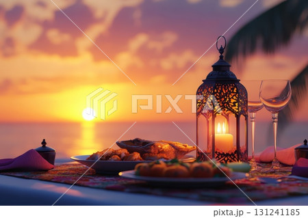 lantern and candles on the background of the sunset 131241185