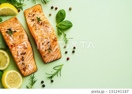 grilled salmon on black stone 131241187