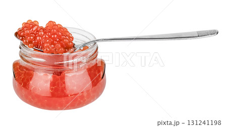 Red caviar in the glass jar isolated on a white background Red caviar in the glass jar isolated on a white background 131241198