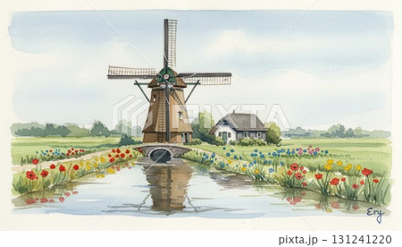 オランダの世界遺産 キンデルダイクの風車のある風景水彩画のイラスト