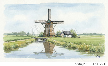 オランダの世界遺産 キンデルダイクの風車のある風景水彩画 131241221