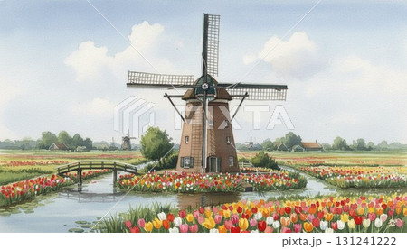 オランダの世界遺産 キンデルダイクの風車のある風景水彩画 オランダの世界遺産 キンデルダイクの風車のある風景水彩画 131241222