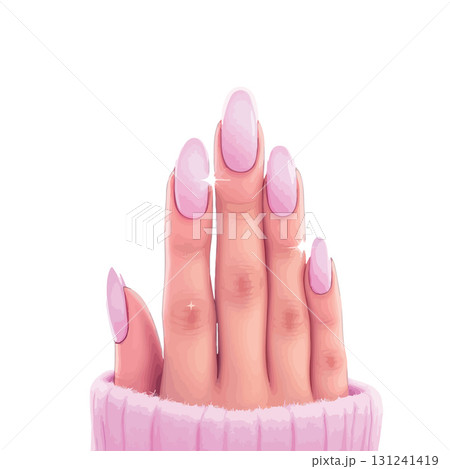 Vsai woman showing her freshly painted pink nails and cozy sweater 131241419