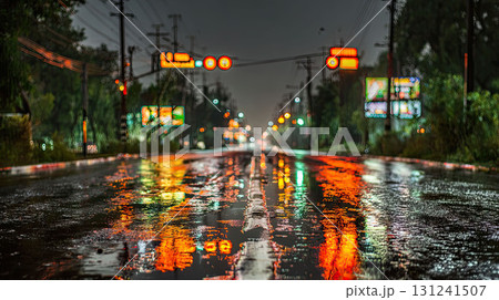 A low-angle shot of a wet city street at night, with blurred neon lights and reflections on the pavement 131241507