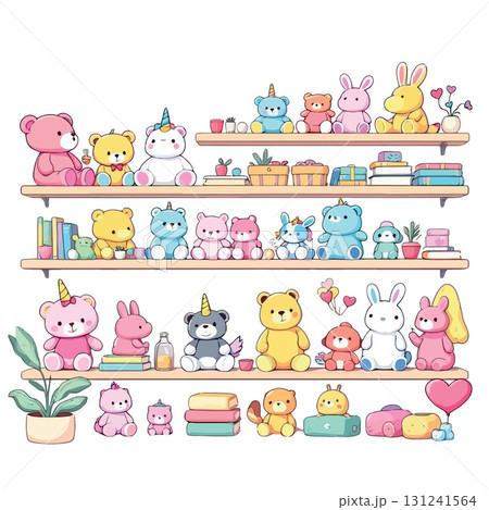 Vsai adorable plush toys sitting on shelves, bringing joy and comfort 131241564