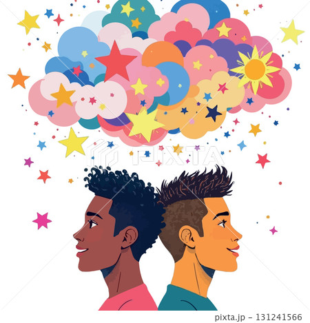 Vsai two boys sharing a colorful dream cloud full of stars and sunshine Vsai two boys sharing a colorful dream cloud full of stars and sunshine 131241566