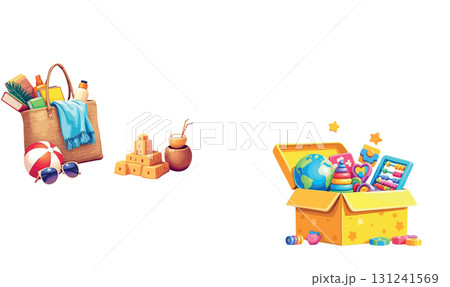 Vsai beach bag, sandcastle, coconut drink and educational toys depicting summer vacation fun Vsai beach bag, sandcastle, coconut drink and educational toys depicting summer vacation fun 131241569