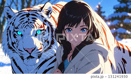 白虎（ホワイトタイガー）と美少女が雪原に並び立ち、蒼い瞳が光を放つ幻想的な冬の情景。 131241930