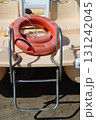 Pedal boat with ladder and lifebuoy on sandy beach 131242045