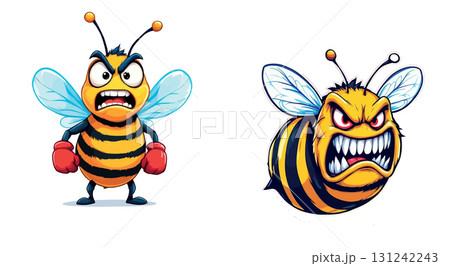 Vsai two angry cartoon bees showing teeth and boxing gloves Vsai two angry cartoon bees showing teeth and boxing gloves 131242243