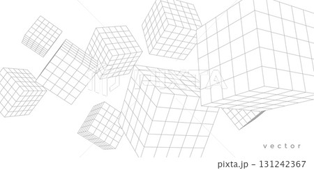 Abstract white background from cubes and lines. Linear geometric drawing. Vector illustration. 131242367