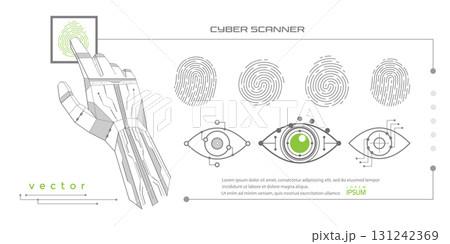 Security access sign.Touch ID icons. Eye scanner. A robot hand scans a fingerprint. Vector illustration . 131242369