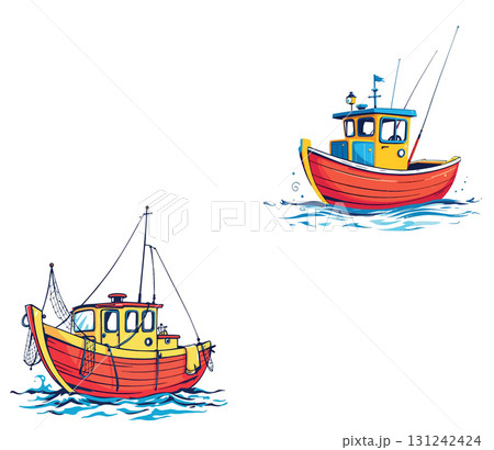 Vsai two colorful fishing boats sailing on calm water 131242424