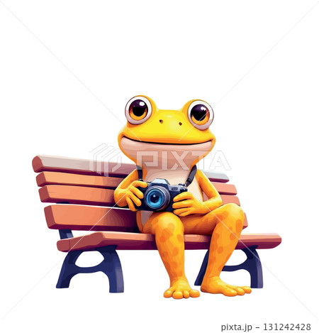 Vsai yellow frog photographer sitting on bench holding camera 131242428