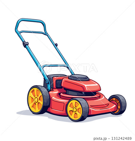 Vsai red lawn mower cutting grass in the garden 131242489