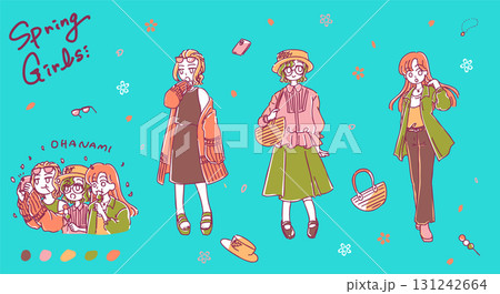シンプルかわいい手書きの春コーデ女子たちのイラスト素材 131242664