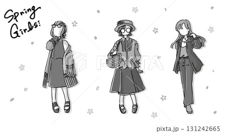シンプルかわいい手書きの春コーデ女子たちのイラスト素材　モノクロ 131242665