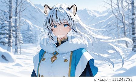 雪原に立つ白銀の髪と青い瞳の少女、虎耳が風に揺れる姿。 131242755