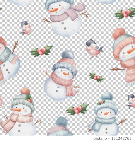 Seamless watercolor pattern with smiling snowmen in pastel color hats and scarves, carrot noses, bullfinches, poinsettia flowers, and green leaves. Christmas and New Year concept on white background 131242763