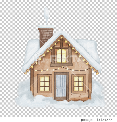 Snow-covered wooden house with garlands, smoke coming from the chimney and warm light shining from the windows. Watercolor illustration of the winter season. Christmas and New Year. White background 131242771