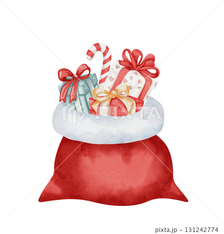 Watercolor illustration of Santa open red sack filled with gifts and candy canes. Gift boxes in red, white, and blue with large bows. Christmas design on white background 131242774