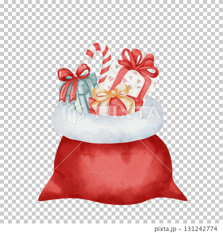 Watercolor illustration of Santa open red sack filled with gifts and candy canes. Gift boxes in red, white, and blue with large bows. Christmas design on white background 131242774