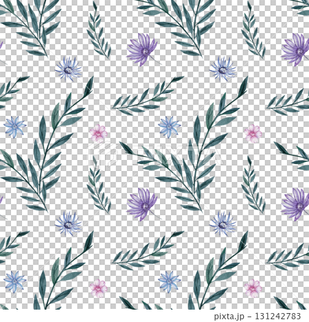 Seamless watercolor floral pattern with green leaves and delicate flowers in purple, blue, and pink shades on white background. Elegant botanical design for textiles and decor Seamless watercolor floral pattern with green leaves and delicate flowers in purple, blue, and pink shades on white background. Elegant botanical design for textiles and decor 131242783