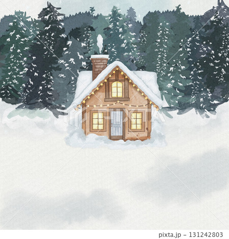 Watercolor postcard template with space for text, snowy forest background, cozy wooden house with illuminated windows and smoke from chimney. Winter and Christmas holiday concept Watercolor postcard template with space for text, snowy forest background, cozy wooden house with illuminated windows and smoke from chimney. Winter and Christmas holiday concept 131242803