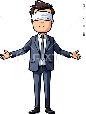 Vsai blindfolded businessman shrugging with open arms and uncertain expression 131242838