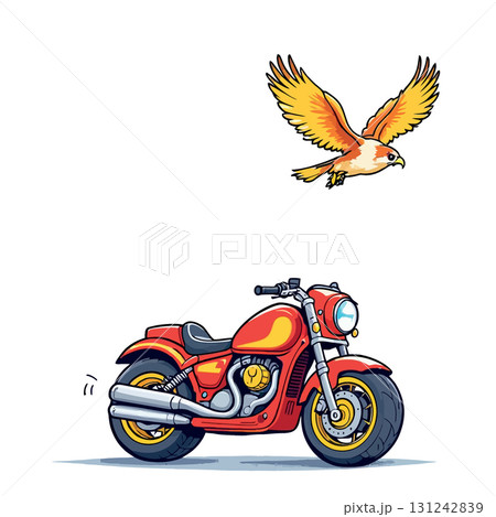 Vsai red motorcycle and flying hawk illustration, freedom and adventure concept Vsai red motorcycle and flying hawk illustration, freedom and adventure concept 131242839
